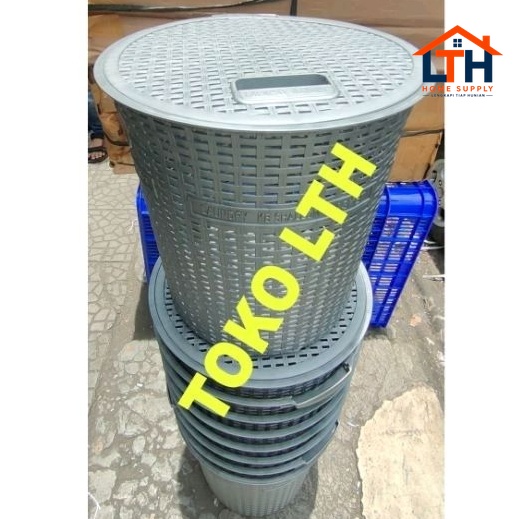 1-1354-1.jpg KERANJANG BAJU PAKAIAN KOTOR MOTIF ROTAN BULAT SILVER ABU LAUNDRY BASKET BAG WADAH KOTAK HAMPERS PARCEL