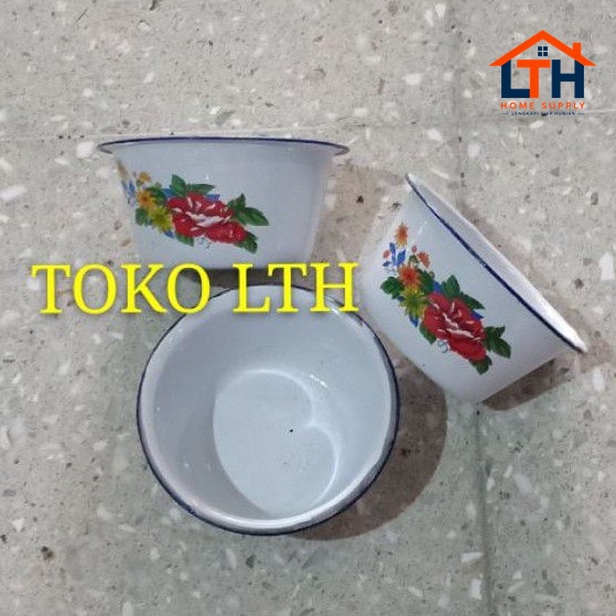MANGKOK TINGGI JADUL 12 CM BASKOM KOBOKAN SENG ENAMEL KALENG MOTIF KEMBANG RRT 12CM MANGKUK 12 JARI