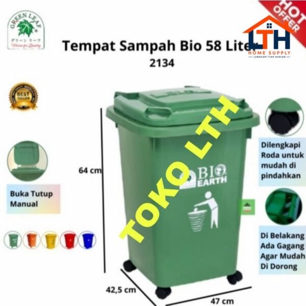 TEMPAT SAMPAH RODA BIO 58 LITER 2134 GREEN LEAF TONG KOTAK SAMPAH DUSTBIN 58 LTR