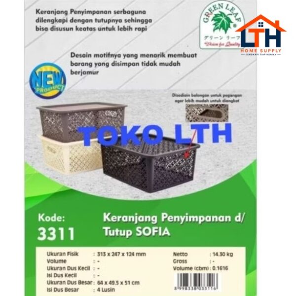 3-899-1.jpg SOFIA 3311 KERANJANG BOX KOTAK WADAH TUTUP SERBAGUNA PARCEL GREEN LEAF MEDIUM