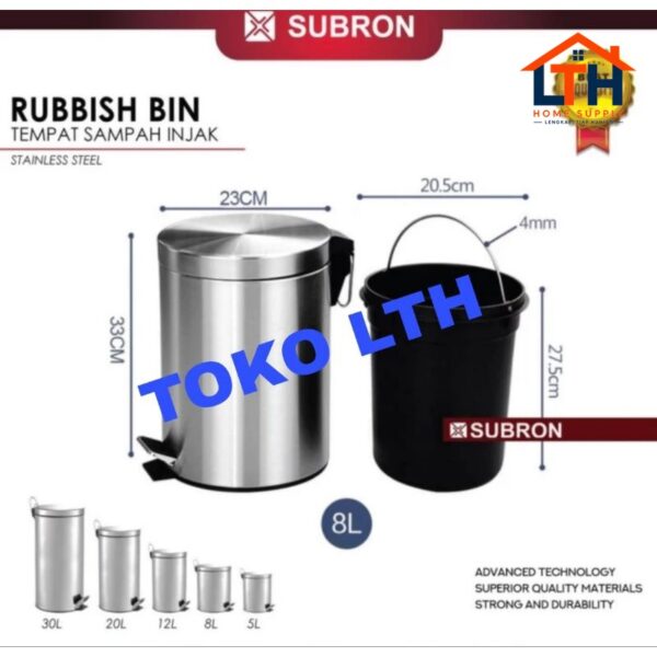 4-415-1.jpg TEMPAT TONG SAMPAH INJAK 8 LTR STAINLESS DUSTBIN RUBBISH BIN SUBRON 8 LITER